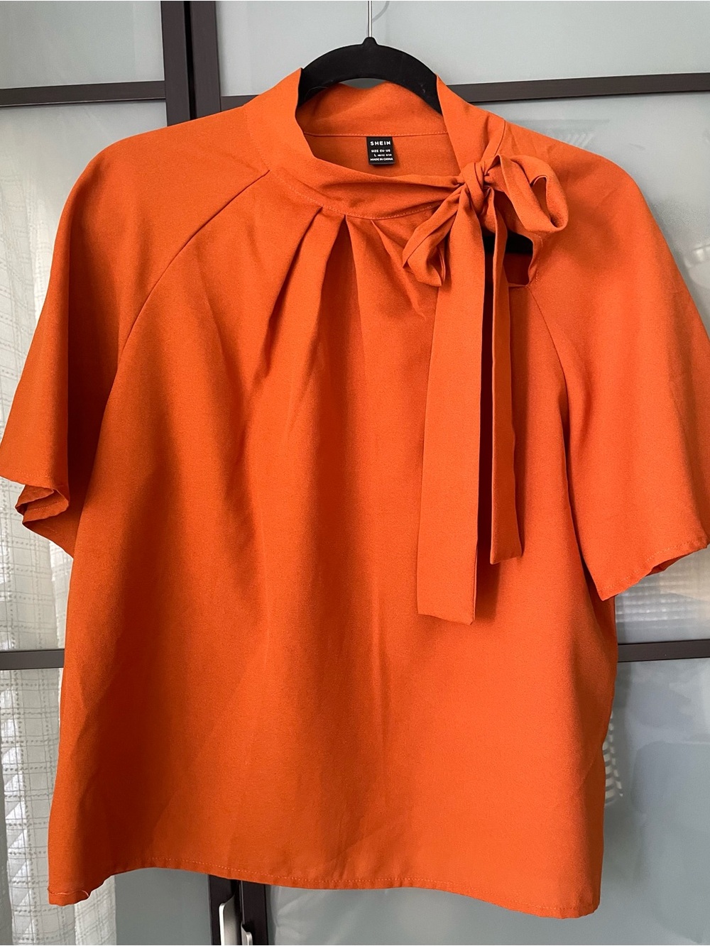 SHEIN Orange Tie-Neck Short Sleeve Blouse